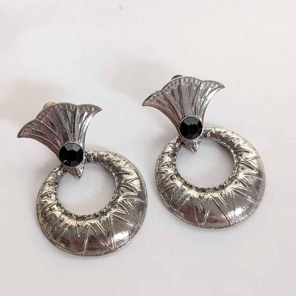 Vintage Silver Tone Faux Stone Ornate Doorknocker Statement Clip On Earrings